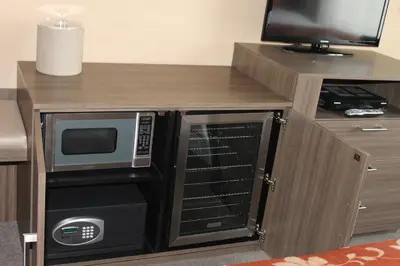 a microwave oven in a cabinet with a tv at Opera House Hotel in Bronx