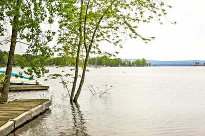 a tree in the middle of a body of water at Mayfield Home with Private Dock on Lake Sacandaga! in Broadalbin