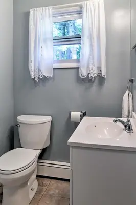 a bathroom with a toilet and a sink and a window at Mayfield Home with Private Dock on Lake Sacandaga! in Broadalbin