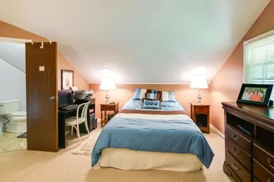 a bedroom with a bed and a desk and a computer at Hunter Hideaway with Yard and Deck 3 Mi to Ski Slopes in Hunter