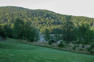 a green field with a lake and a mountain at Private Dog-Friendly Home 3 Mi to Elk Mountain in Union Dale