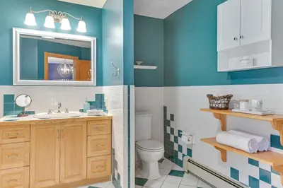 a bathroom with a sink and a toilet at Slope Views Luxe Windham Retreat with Hot Tub! in Windham