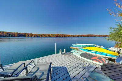 two boats are docked on a dock on a lake at By Mtn Creek Resort The Point on Highland Lake in Highland Lakes