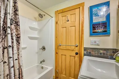a bathroom with a tub and a toilet and a sink at Private Wooded Cabin 7 Mi to Mount Snow! in Wilmington