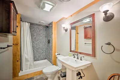 a bathroom with a sink and a toilet and a shower at Private Wooded Cabin 7 Mi to Mount Snow! in Wilmington