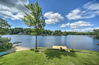 a tree sitting on the edge of a lake at Picturesque Cottage with Sunroom on Ashmere Lake! in Hinsdale