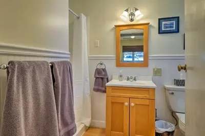 a bathroom with a sink and a toilet and a mirror at Picturesque Cottage with Sunroom on Ashmere Lake! in Hinsdale