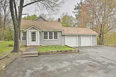 a white house with a tree and a driveway at Beautiful Lenox Home, 3 Mi to Shakespeare and Co! in Lenox