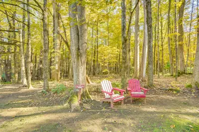 two chairs sitting in the middle of a forest at Tranquil 3 BR Stockbridge House with Private Deck! in Stockbridge