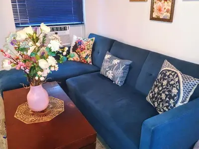 a blue couch with a vase of flowers on a table at Explore New York from Queens in Queens