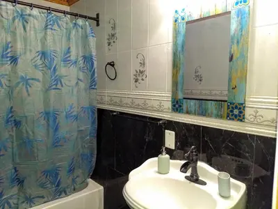 a bathroom with a sink and a toilet and a mirror at Explore New York from Queens in Queens