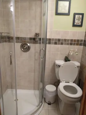 a bathroom with a toilet and a glass shower at Cozy studio at the heart of Jackson Heights in Queens