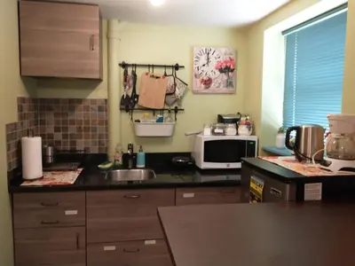 a kitchen with a sink and a microwave at Cozy studio at the heart of Jackson Heights in Queens