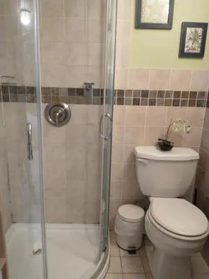 a bathroom with a toilet and a shower at Cozy studio at the heart of Jackson Heights in Queens