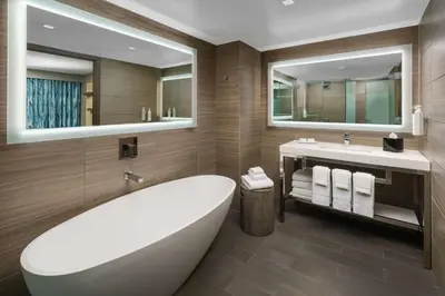 a bathroom with a tub and a sink and mirror at Hilton Garden Inn New York Times Square North in New York