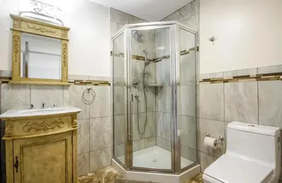 a bathroom with a shower and a toilet and a sink at Cold Spring Hotel in Cold Spring