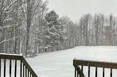 a snow covered field with a tree in the background at The Mountain House Windham Retreat with Hot Tub! in Windham