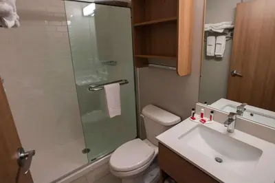 a bathroom with a shower and a toilet and a sink at Microtel Inn & Suites by Wyndham Amsterdam NY in Amsterdam