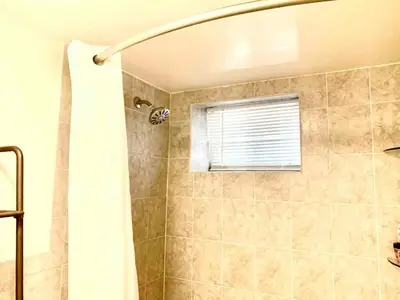 a bathroom with a shower with a shower curtain at Historical Neighborhood Home in New Rochelle