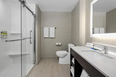 a bathroom with a shower and a toilet and a sink at Holiday Inn Express & Suites Woodside LaGuardia Airport in Queens