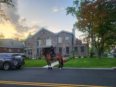 a police officer on a horse in front of a house at Luxury Hotel-Style Room in Queens, New York in Bayside