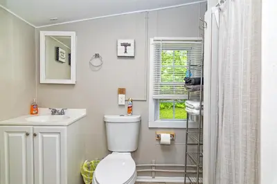 a bathroom with a toilet and a sink and a window at Camelback cottage - on ONE ACRE & near local attractions in Tannersville