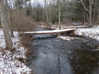 a wooden bridge over a stream in the snow at Two Brooks Lodge in Bennington