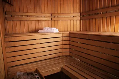 a sauna with a towel sitting on a shelf at Holiday Inn Club Vacations Oak n Spruce Resort in the Berkshires in South Lee