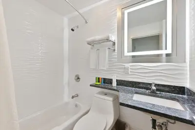 a bathroom with a toilet and a sink and a mirror at Casa Blanca Hotel Brooklyn Downtown in Brooklyn