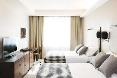 a hotel room with two beds and a television at Leon Hotel LES in New York