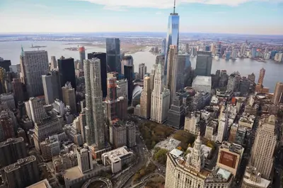 an aerial view of the city from the observation deck at Leon Hotel LES in New York