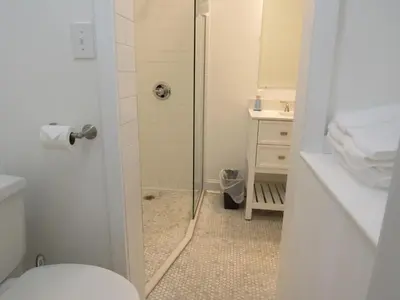 a bathroom with a shower with a toilet and a sink at The Argus Hotel & Cocktail Lounge in Albany