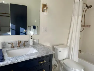 a bathroom with a sink and a toilet and a mirror at The Argus Hotel & Cocktail Lounge in Albany