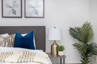 a bedroom with a bed with blue pillows and a lamp at Beautiful 3 bedroom Condo in Hartford! in Hartford