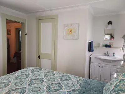 a bedroom with a bed and a sink in it at Serenity Motel in Shaftsbury