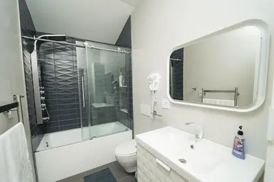a bathroom with a toilet and a sink and a mirror at Modern home with a private Heated pool and jacuzzi in Hamden