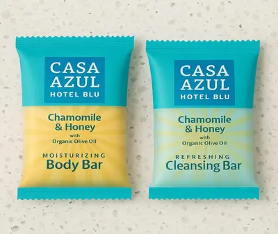 two packets of cosa ayurvedic body bar on aige background at Casa Azul Hotel Blu-UBS Arena in Queens