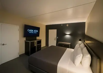 a hotel room with a bed and a television at Casa Azul Hotel Blu-UBS Arena in Queens