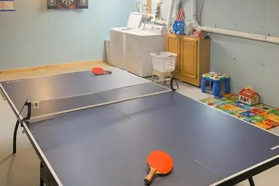 a ping pong table in a room with a ping paddle at Secluded Sanctuary in West Wardsboro