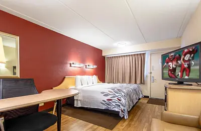 a hotel room with a bed and a flat screen tv at Red Roof Inn Utica in Utica