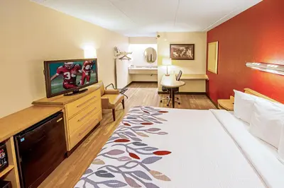 a hotel room with a bed and a flat screen tv at Red Roof Inn Utica in Utica