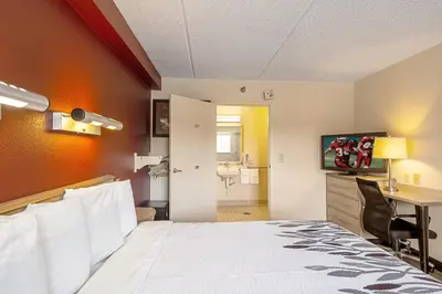 a hotel room with a bed and a desk at Red Roof Inn Utica in Utica
