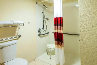 a bathroom with a toilet and a shower at Red Roof Inn Utica in Utica