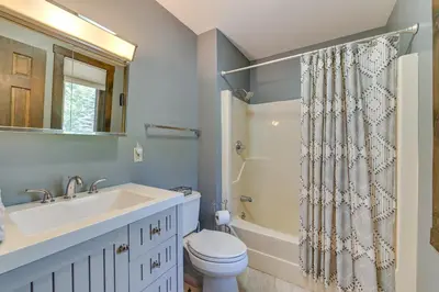a bathroom with a sink and a toilet and a shower curtain at 4 Mi to Windham Mountain Ski Getaway! in Windham