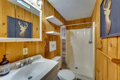 a bathroom with a sink and a toilet and a shower at Relaxing Mountain Refuge 4 Miles to Mt Snow! in Dover