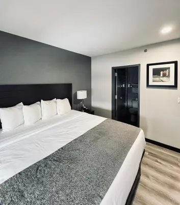 a bedroom with a large white bed with a black headboard at Capital Hotel Long Island City in Queens