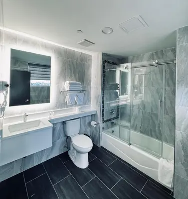 a bathroom with a toilet sink and a shower at Capital Hotel Long Island City in Queens