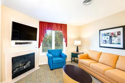 a living room with a couch and a fireplace at Vacation Village in the Berkshires in Hancock