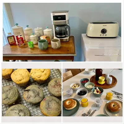 two pictures of a table with cookies and a coffee maker at Bloom Farm Guesthouse in Mount Vision