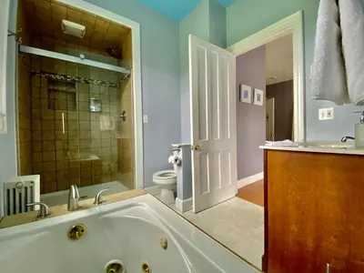 a bathroom with a bath tub and a toilet at Bloom Farm Guesthouse in Mount Vision